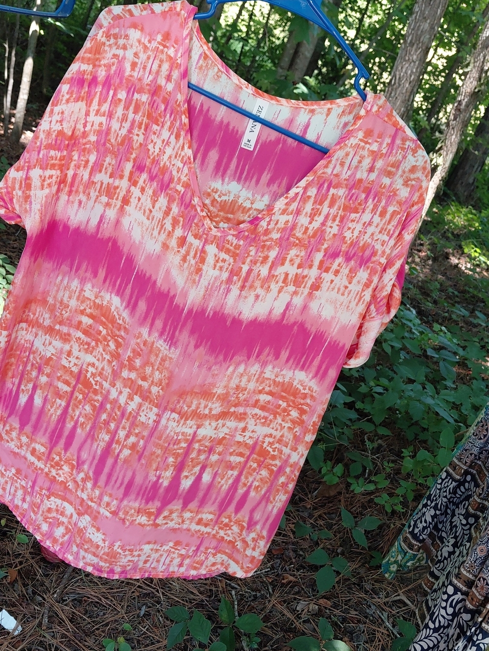Zenana Outfitters Pink and Orange Tie-Dye V-Neck Blouse